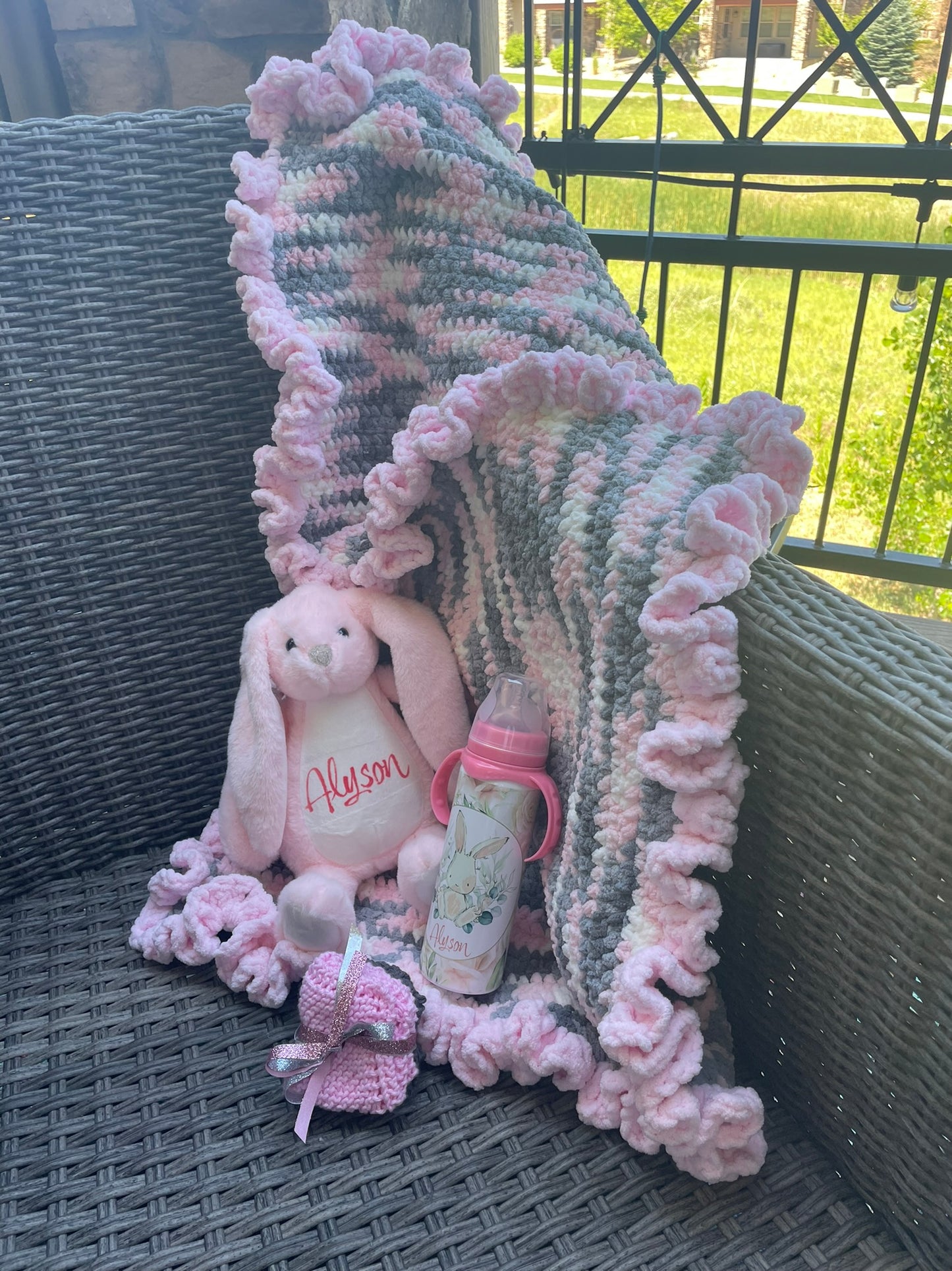 Baby Blanket Pink, Gray and White ~ hand-crocheted with a ruffled trim and LOVE!