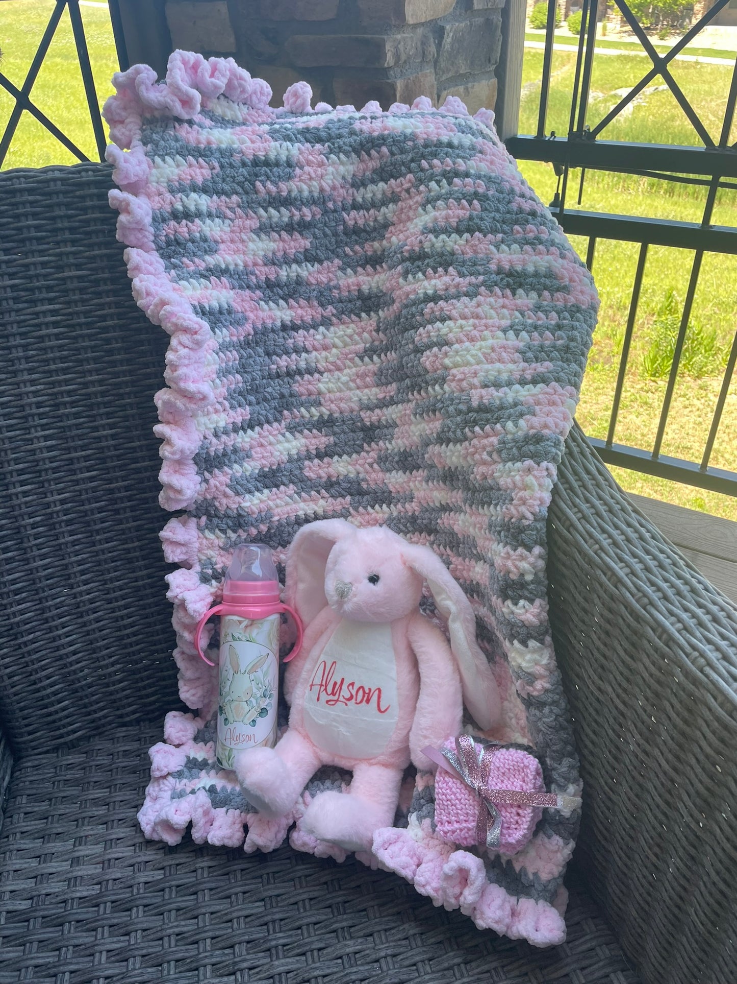 Baby Blanket Pink, Gray and White ~ hand-crocheted with a ruffled trim and LOVE!