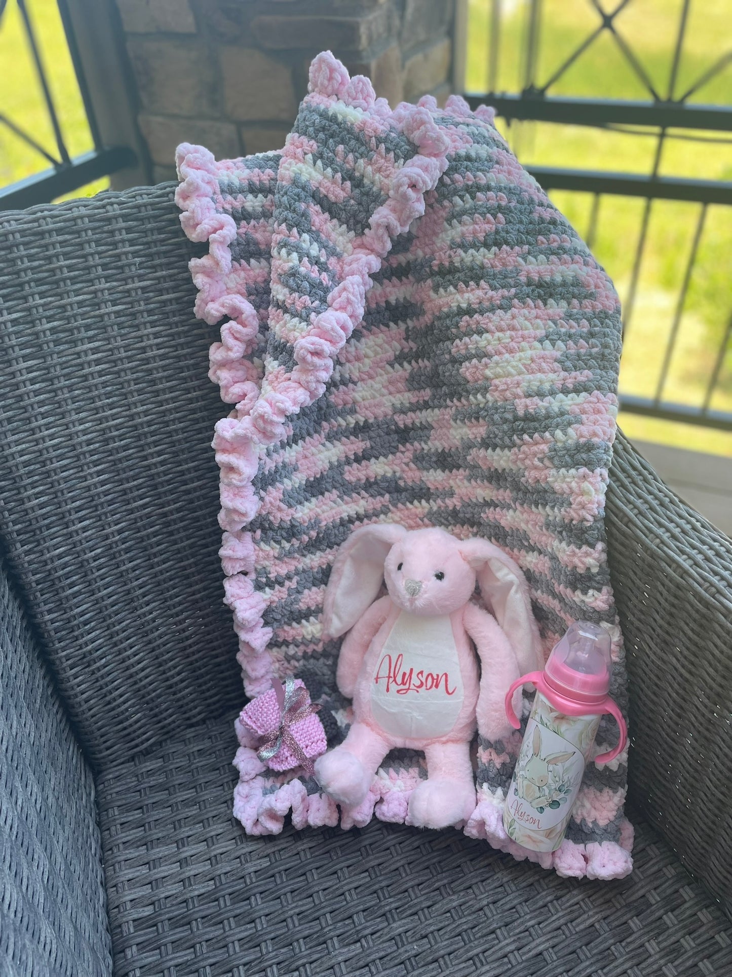 Baby Blanket Pink, Gray and White ~ hand-crocheted with a ruffled trim and LOVE!