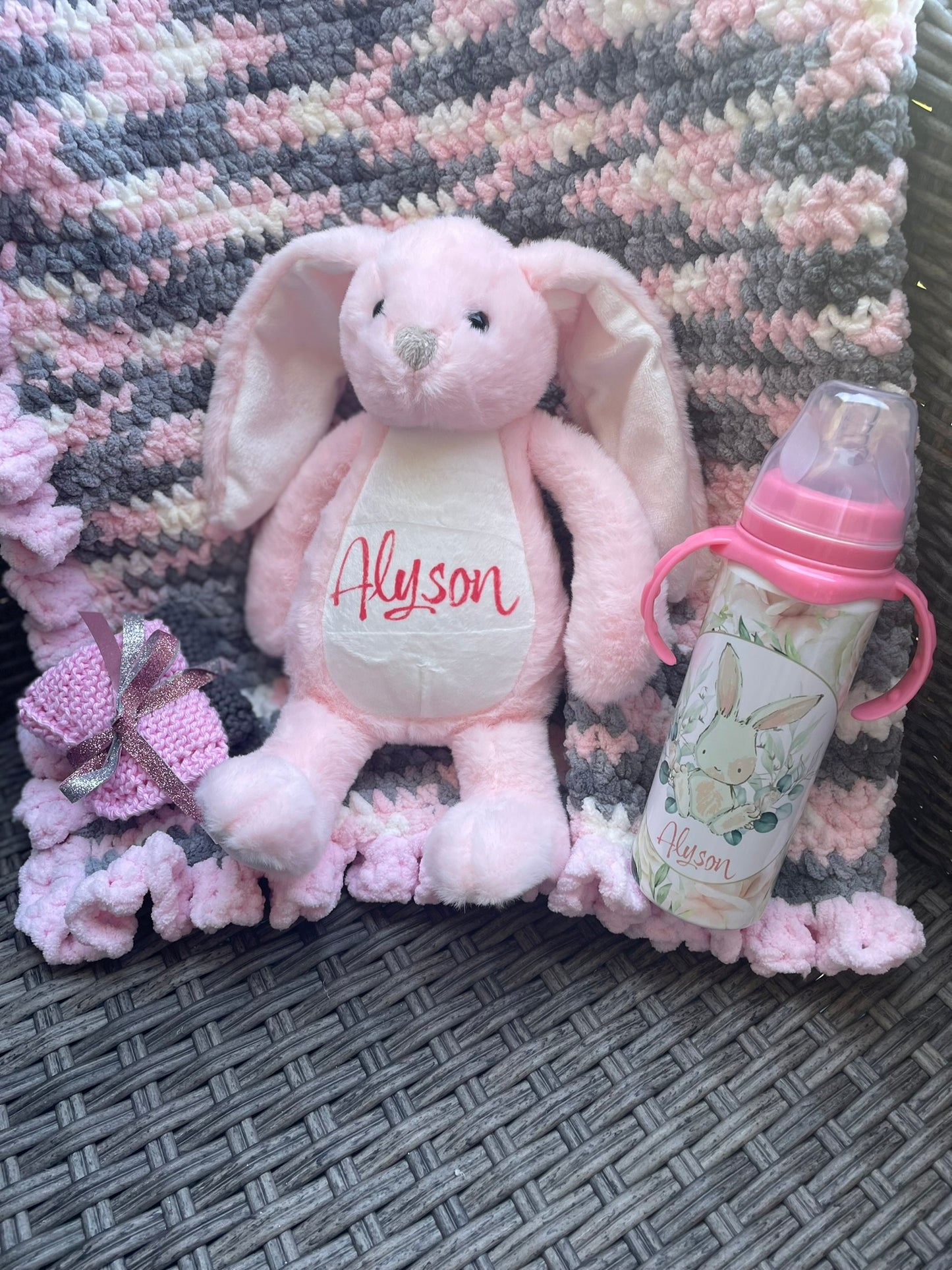 Baby Blanket Pink, Gray and White ~ hand-crocheted with a ruffled trim and LOVE!