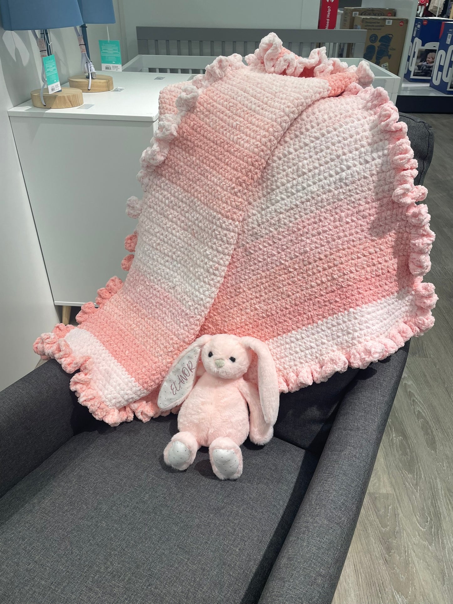 Baby Blanket hand-crocheted with a ruffled trim and LOVE!