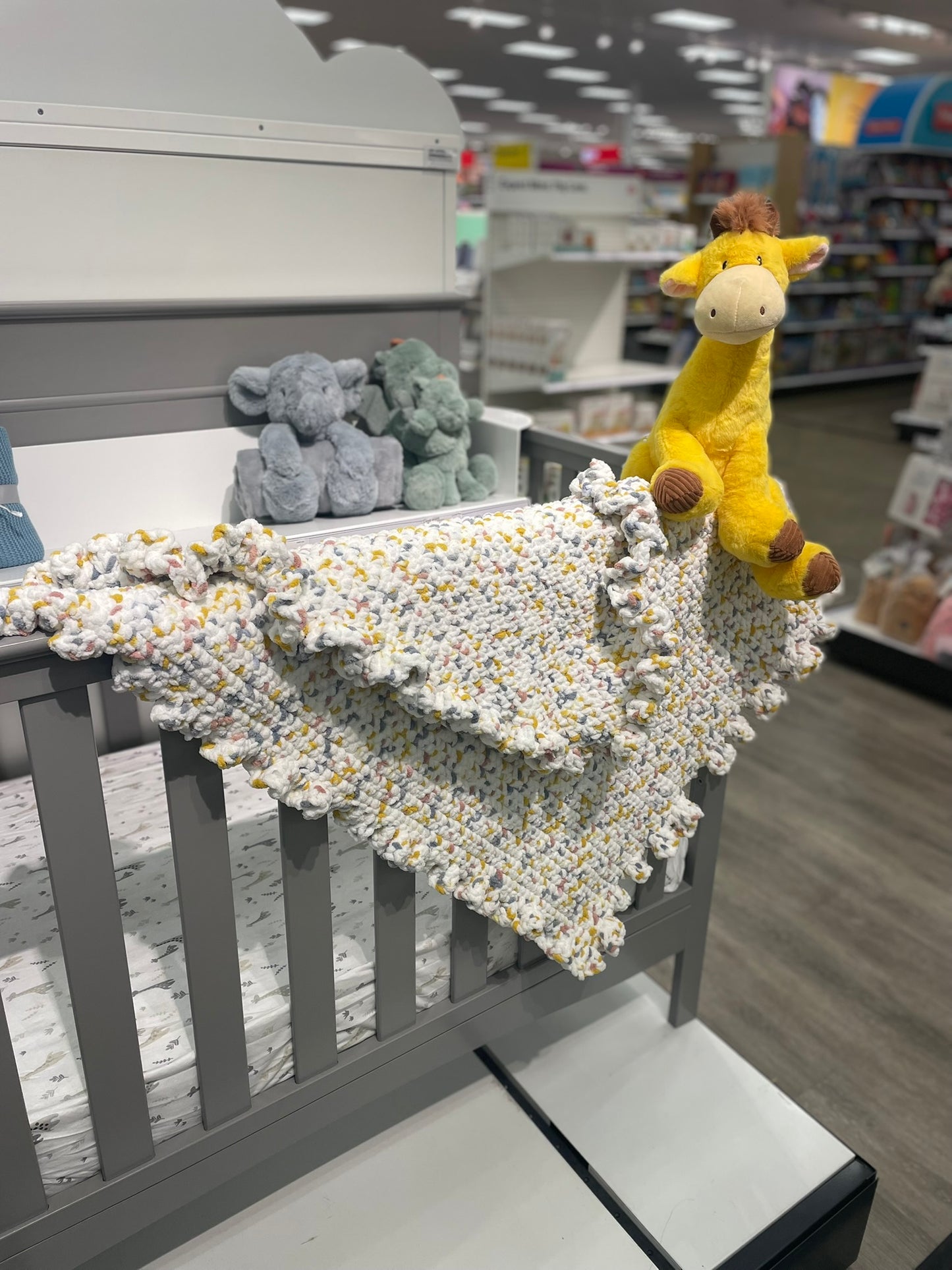 Baby Blanket in beautiful Yellow, Beige, Mauve and Blue hand-crocheted with love!