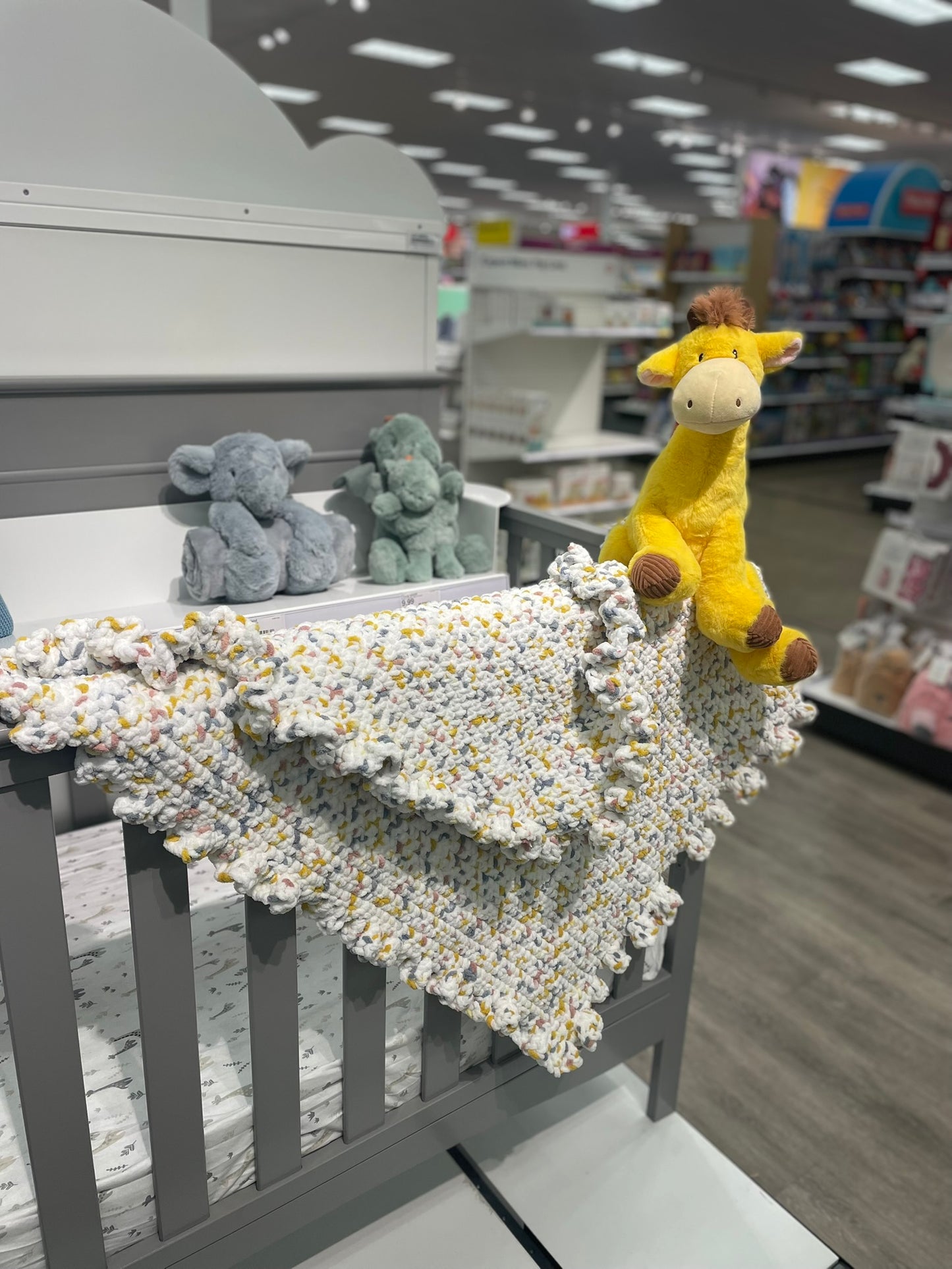 Baby Blanket in beautiful Yellow, Beige, Mauve and Blue hand-crocheted with love!